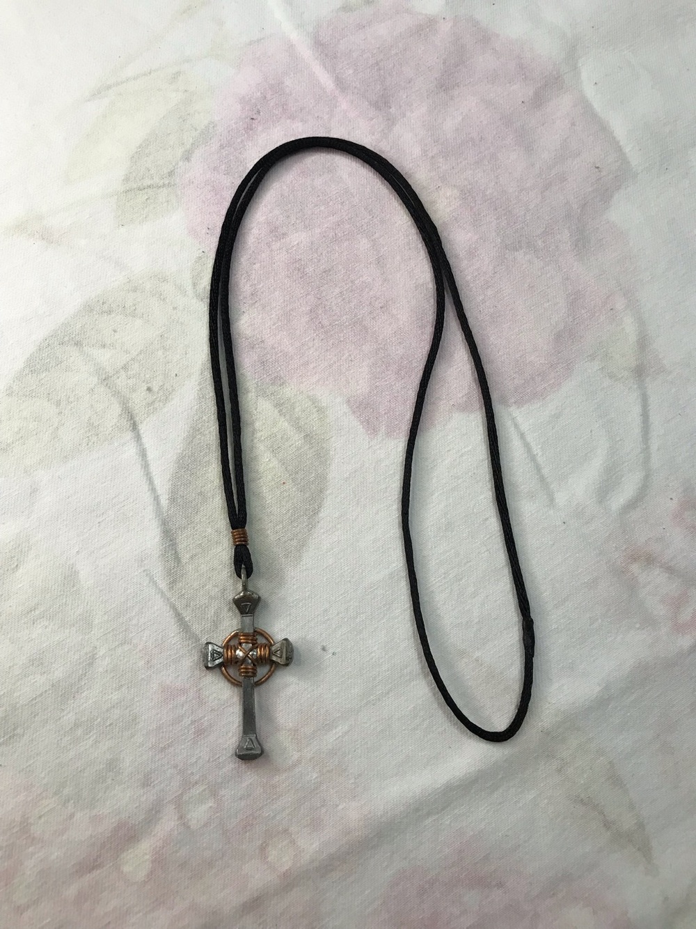 Black Cord Silver Tone Nail Cross Copper Tone Necklace 26”
